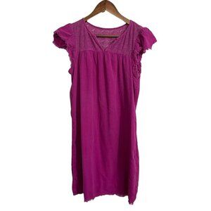 Womens Purple Split Neck Crochet Raw Hem Short Sleeve Mini Shift Dress Small